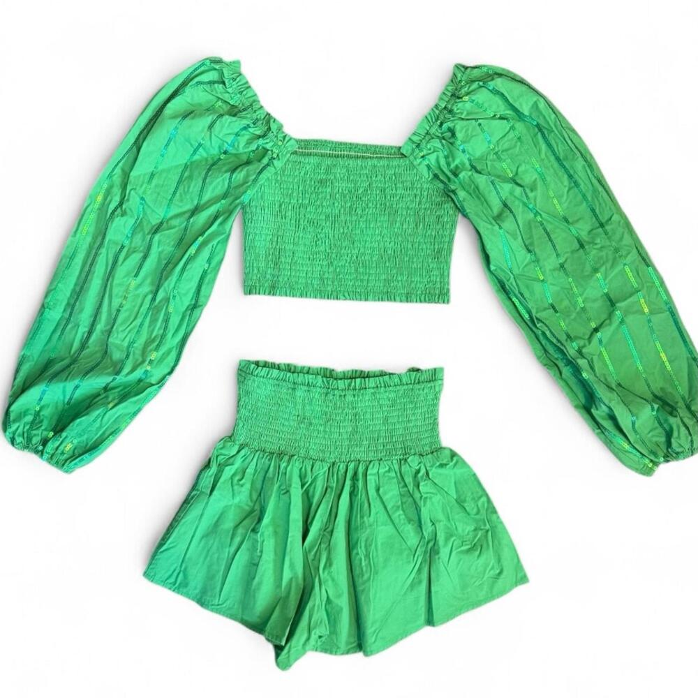 Billow Sleeve Crop Top Shorts Set M Y2K Green Smocked Sequin Puff Main Strip - Picture 7 of 9